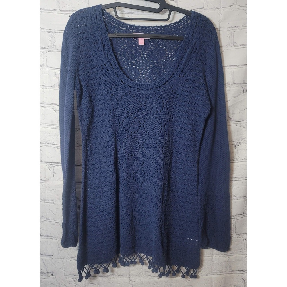 Lilly Pulitzer Sweater Tunic Womens M Blue Open Knit Crochet Tassel Boho Layered